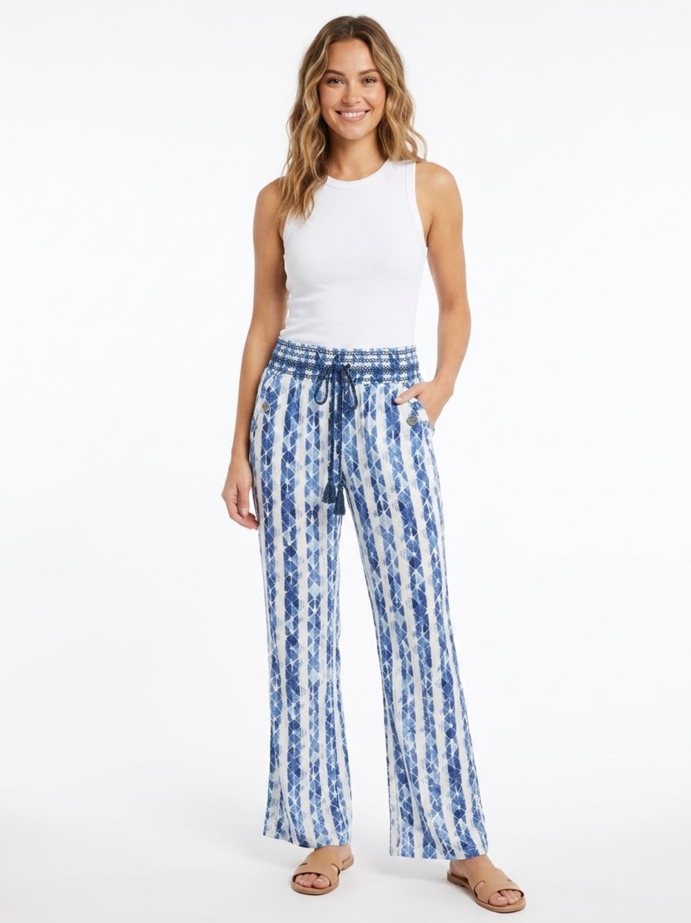 Rewash NWT Linen Blend Boho Wide Leg Pants Blue White XS
